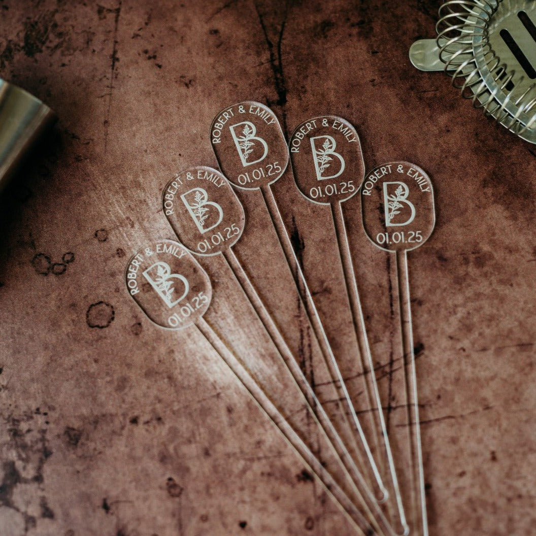 oval names monogram date floral clear acrylic engraved drink stirrers custom wedding drink stirrers personalized acrylic cocktail stir sticks custom drink charm bespoke event swizzle sticks drink topper birthday party last name date celebration