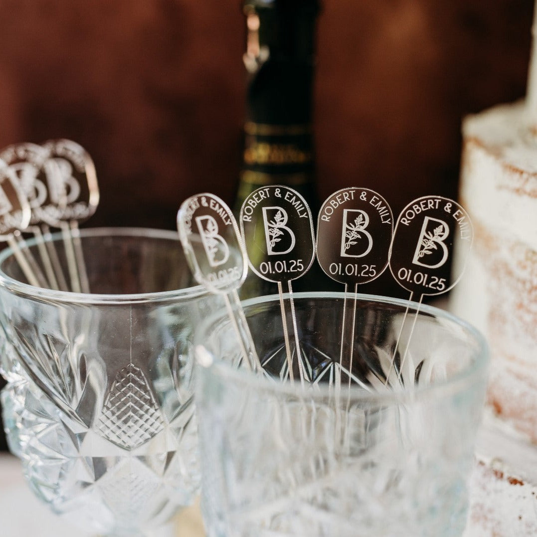 oval names monogram date floral clear acrylic engraved drink stirrers custom wedding drink stirrers personalized acrylic cocktail stir sticks custom drink charm bespoke event swizzle sticks drink topper birthday party last name date celebration