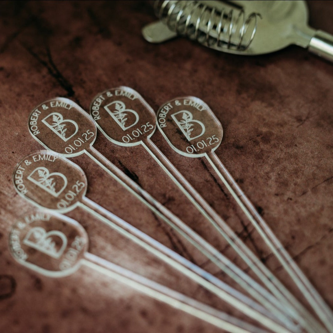 oval names monogram date floral clear acrylic engraved drink stirrers custom wedding drink stirrers personalized acrylic cocktail stir sticks custom drink charm bespoke event swizzle sticks drink topper birthday party last name date celebration