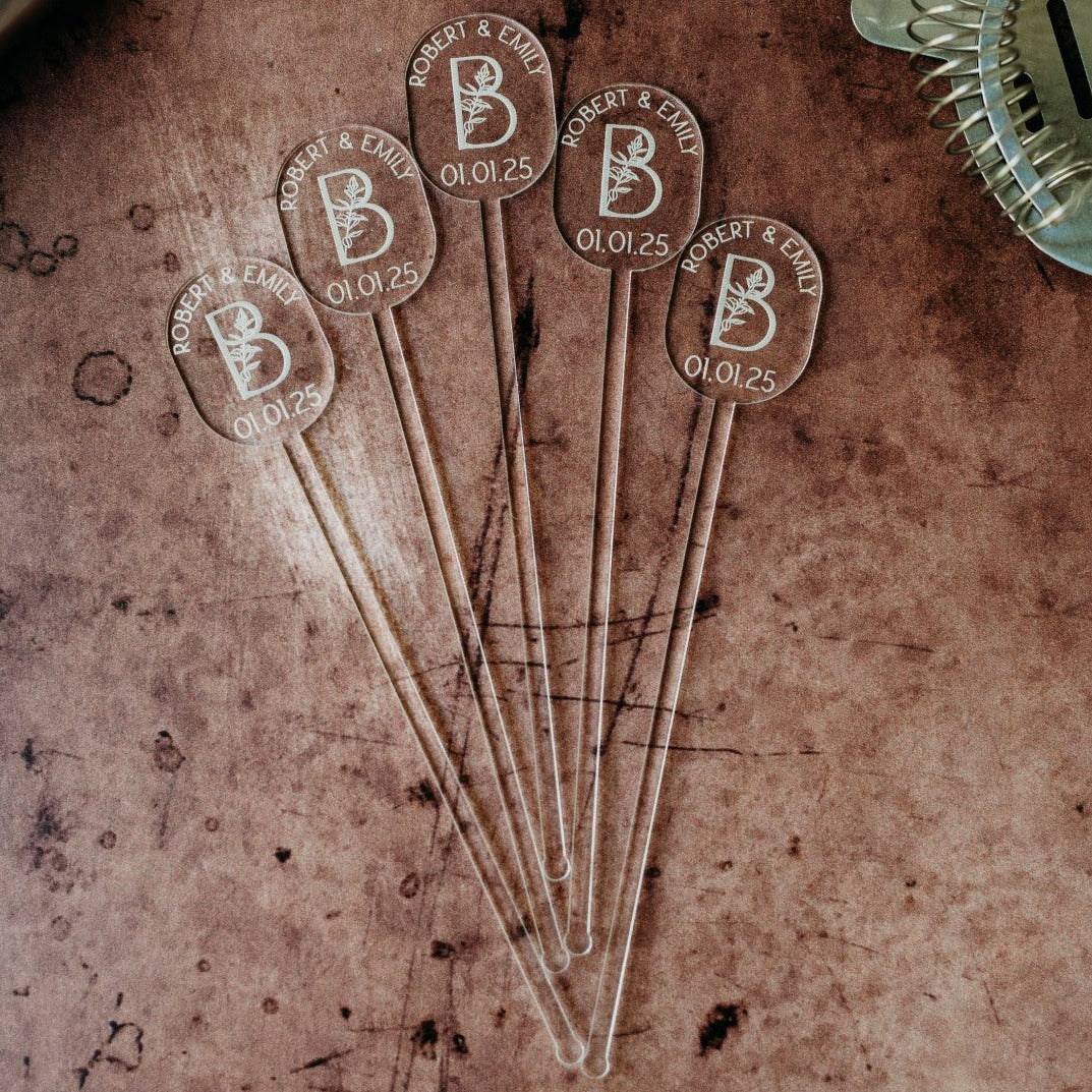 oval names monogram date floral clear acrylic engraved drink stirrers custom wedding drink stirrers personalized acrylic cocktail stir sticks custom drink charm bespoke event swizzle sticks drink topper birthday party last name date celebration