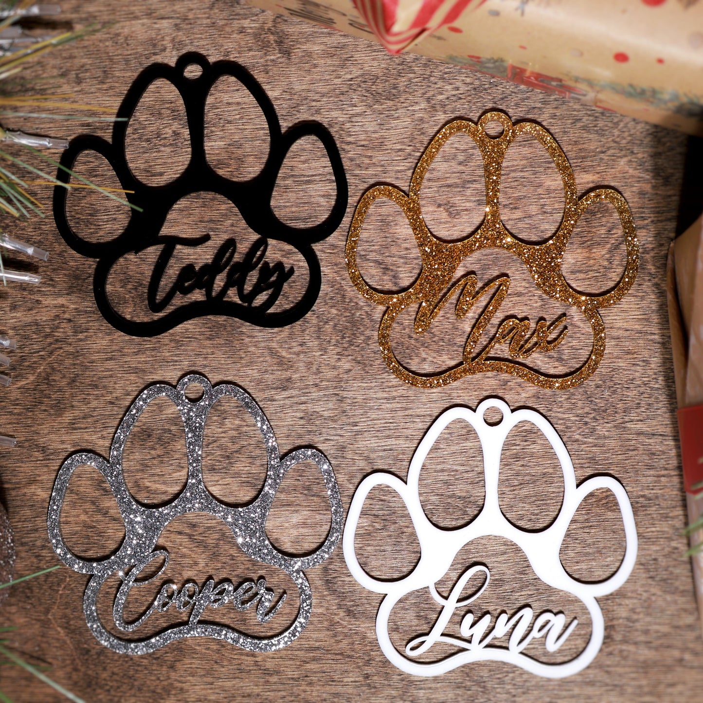 Acrylic black white gold silver glitter Personalized Pet Paw Ornament Custom Dog Christmas Ornament Animal Ornament 2024 Name Pet Lover Gift holiday ornament decor unique holiday gift stocking name tags christmas stocking ornaments Pet xmas Stocking