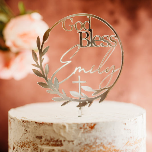 wreath silver mirrored acrylic baptism cake topper christening decor baptismal cake decor religious cake baptism party cake personalized baptism cake accent birthday cake event cake decor wood cake decoration acrylic cake accent wooden cake ornament