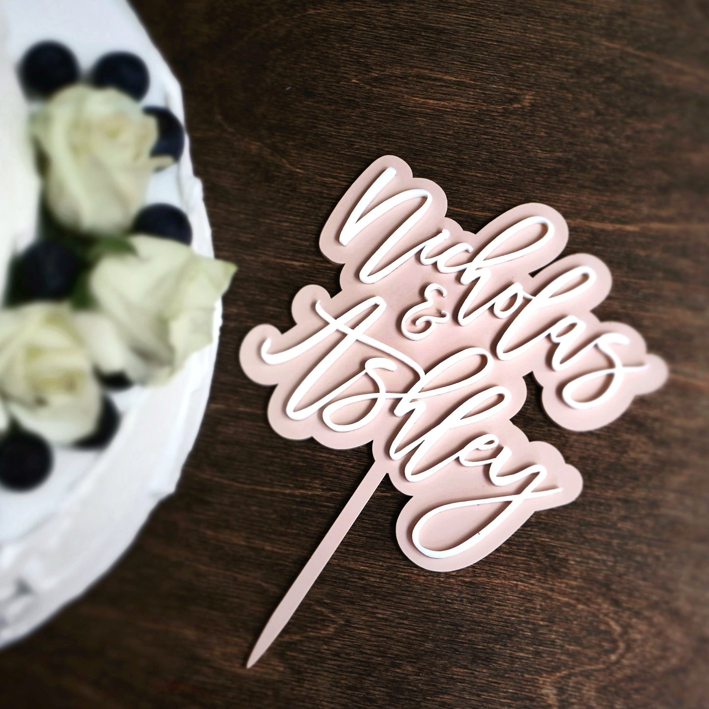 Double layer acrylic wedding cake topper white and blush acrylic 3d custom cake toppers wedding personalized birthday acrylic cake toppers modern last name cake decor pastel acrylics mirrored acrylic wood