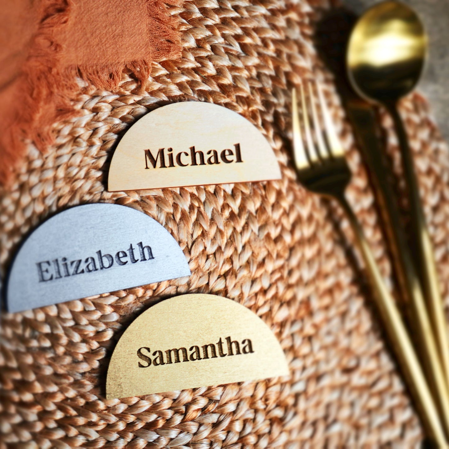 semicircle raw gold silver wood name plate name cards wedding name place cards name place setting wood name card napkin half circle tag acrylic name tags name tags rustic wedding wooden wedding decor wedding place cards Wedding decoration Wedding place card
