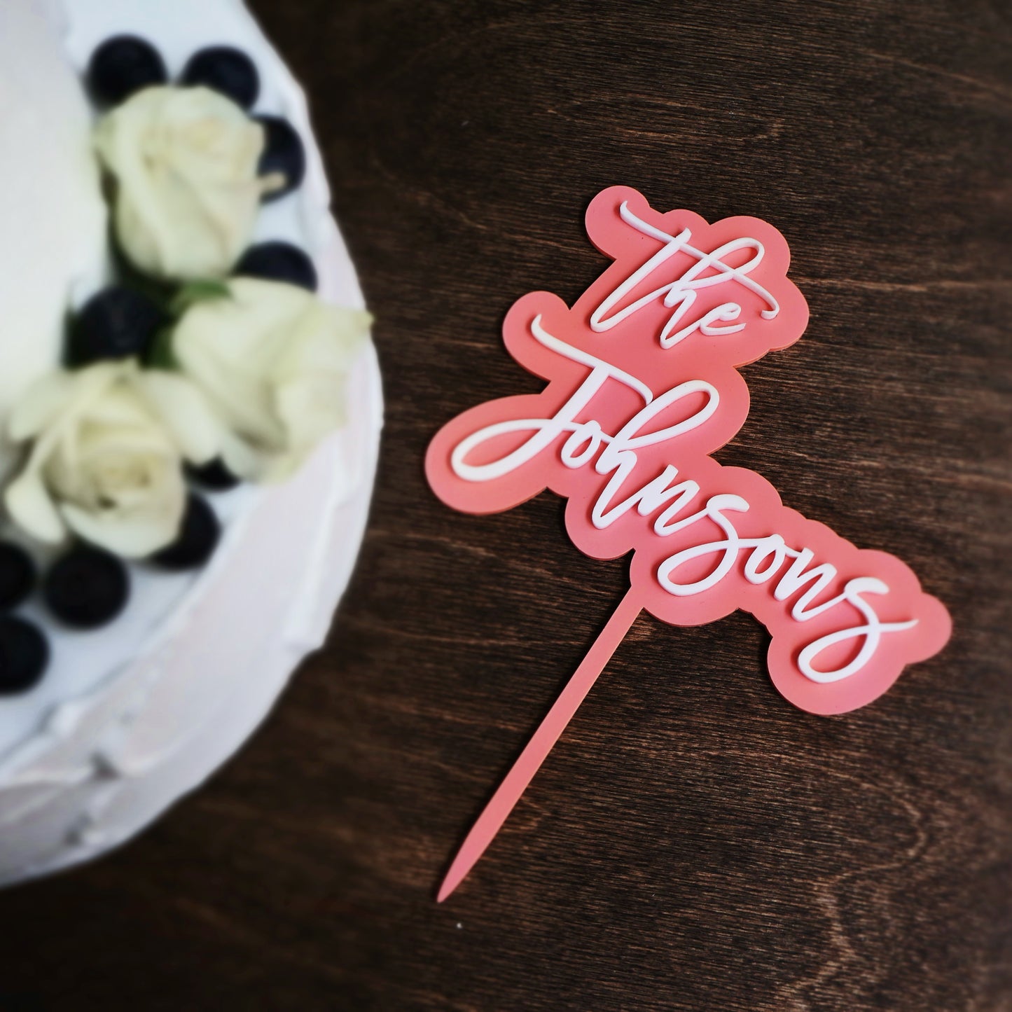 Double layer acrylic wedding cake topper white and coral acrylic 3d custom cake toppers wedding personalized birthday acrylic cake toppers modern last name cake decor pastel acrylics mirrored acrylic wood