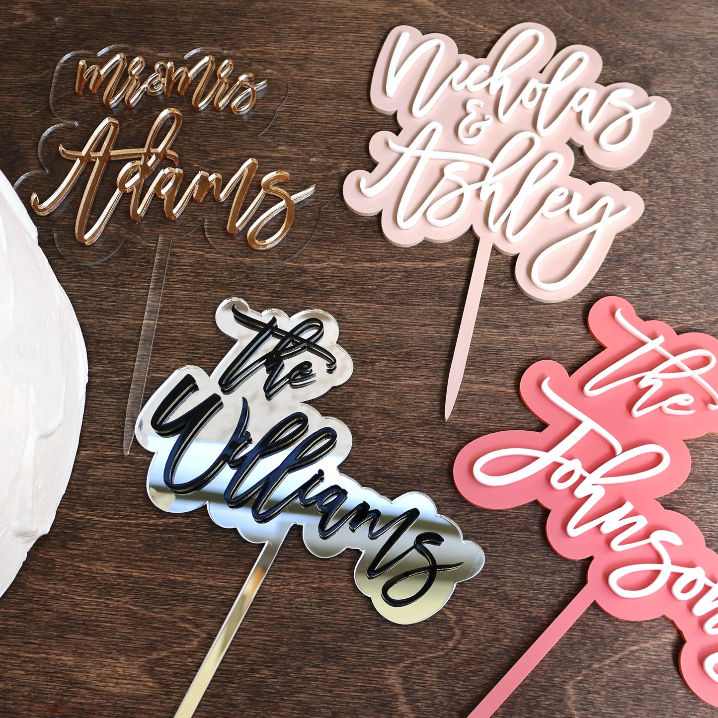 Double layer acrylic wedding cake topper clear and mirrored gold acrylic 3d custom cake toppers wedding personalized birthday acrylic cake toppers modern last name cake decor pastel acrylics mirrored acrylic wood baby first birthday