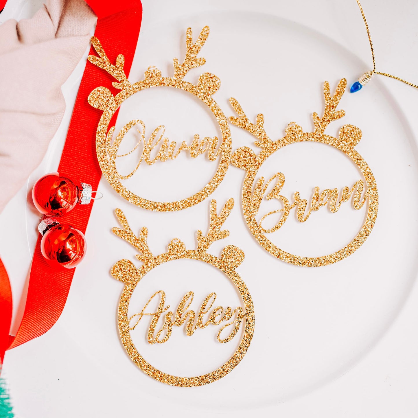 gold glitter acrylic stocking tags reindeer, stocking name tags, name ornament christmas, christmas place cards, name ornament, christmas name tags, christmas stocking name tags, christmas stocking tags christmas table decor christmas stockings tag