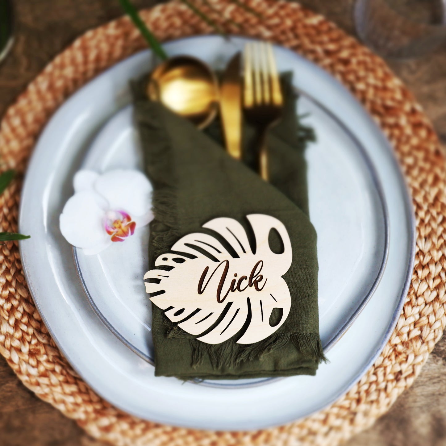 raw wood tropical wedding name cards monstera leaf place tags names custom beach table tag birthday party décor placecards tropical birthday invitation bachelorette baby shower cheese plant tag