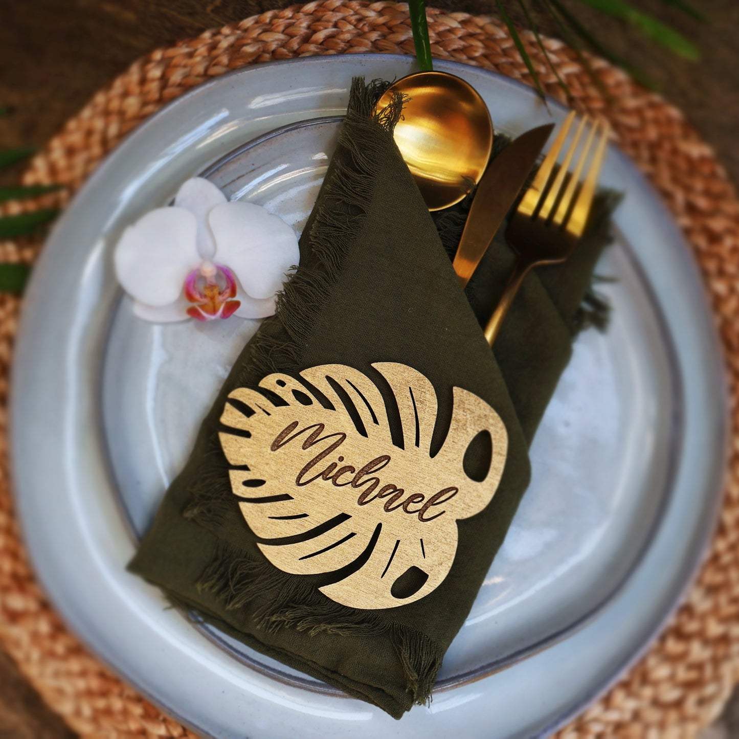 gold wood tropical wedding name cards monstera leaf place tags names custom beach table tag birthday party décor placecards tropical birthday invitation bachelorette baby shower cheese plant tag
