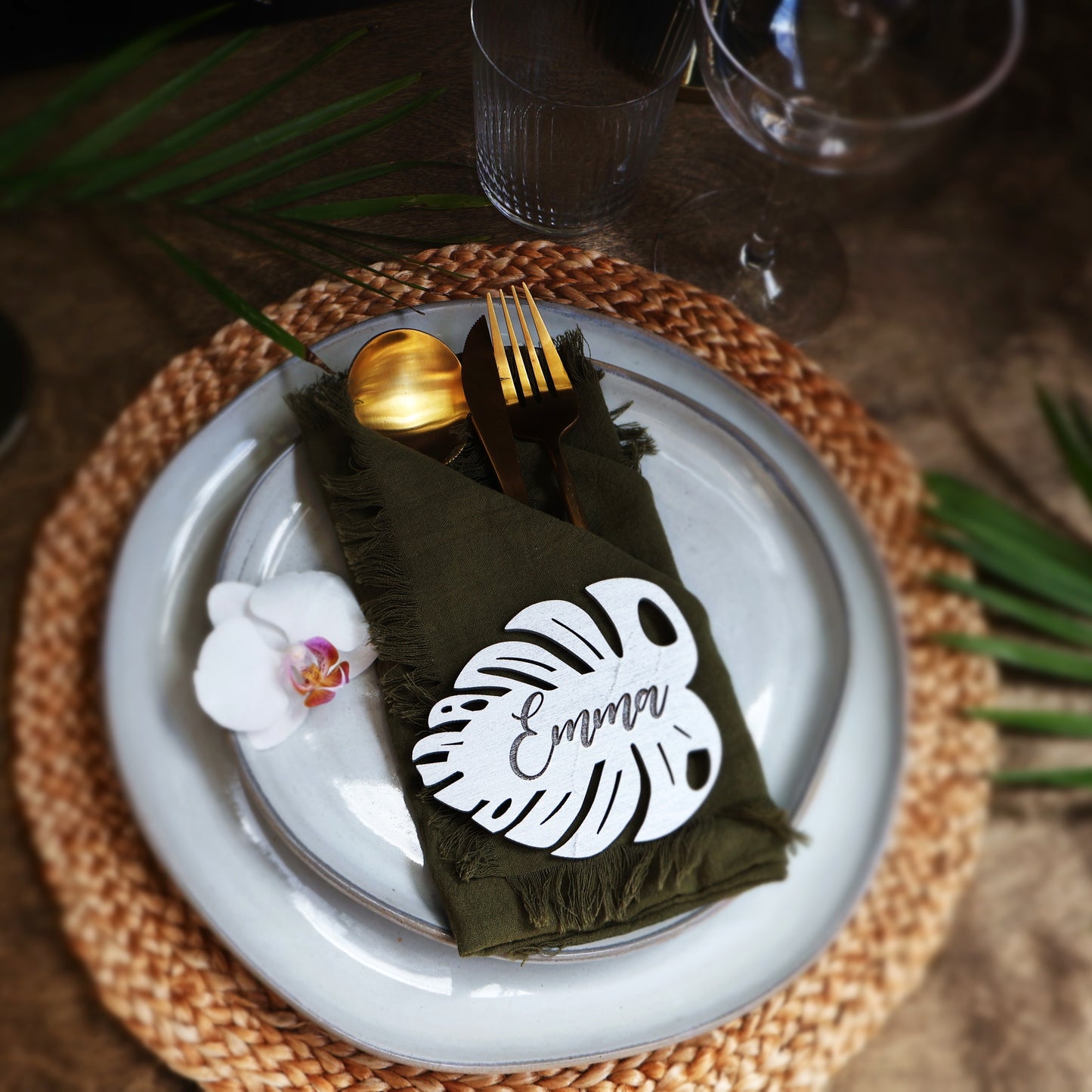 silver wood tropical wedding name cards monstera leaf place tags names custom beach table tag birthday party décor placecards tropical birthday invitation bachelorette baby shower cheese plant tag