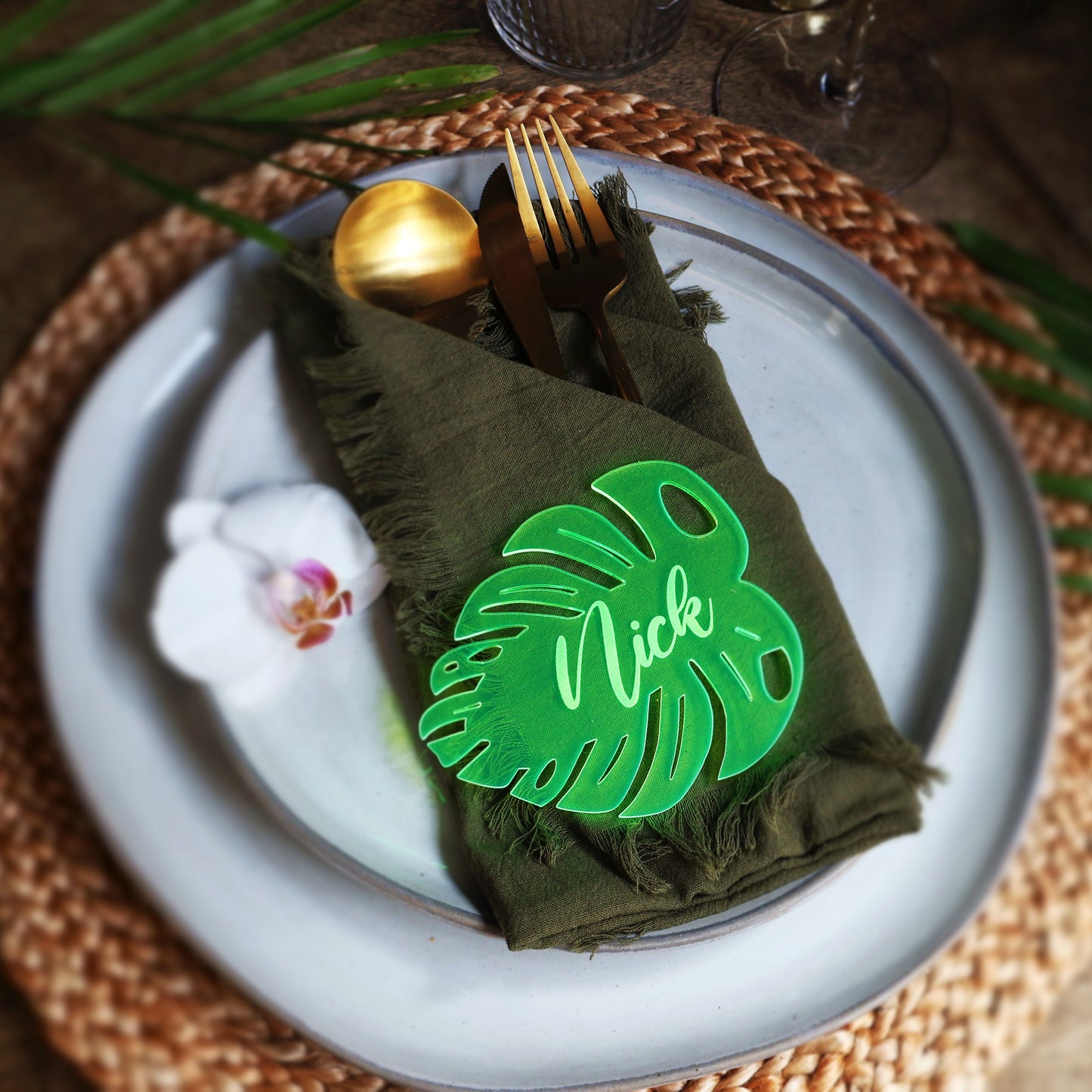 acrylic neon green tropical wedding name cards monstera leaf place tags names custom beach table tag birthday party décor placecards tropical birthday invitation bachelorette baby shower cheese plant tag