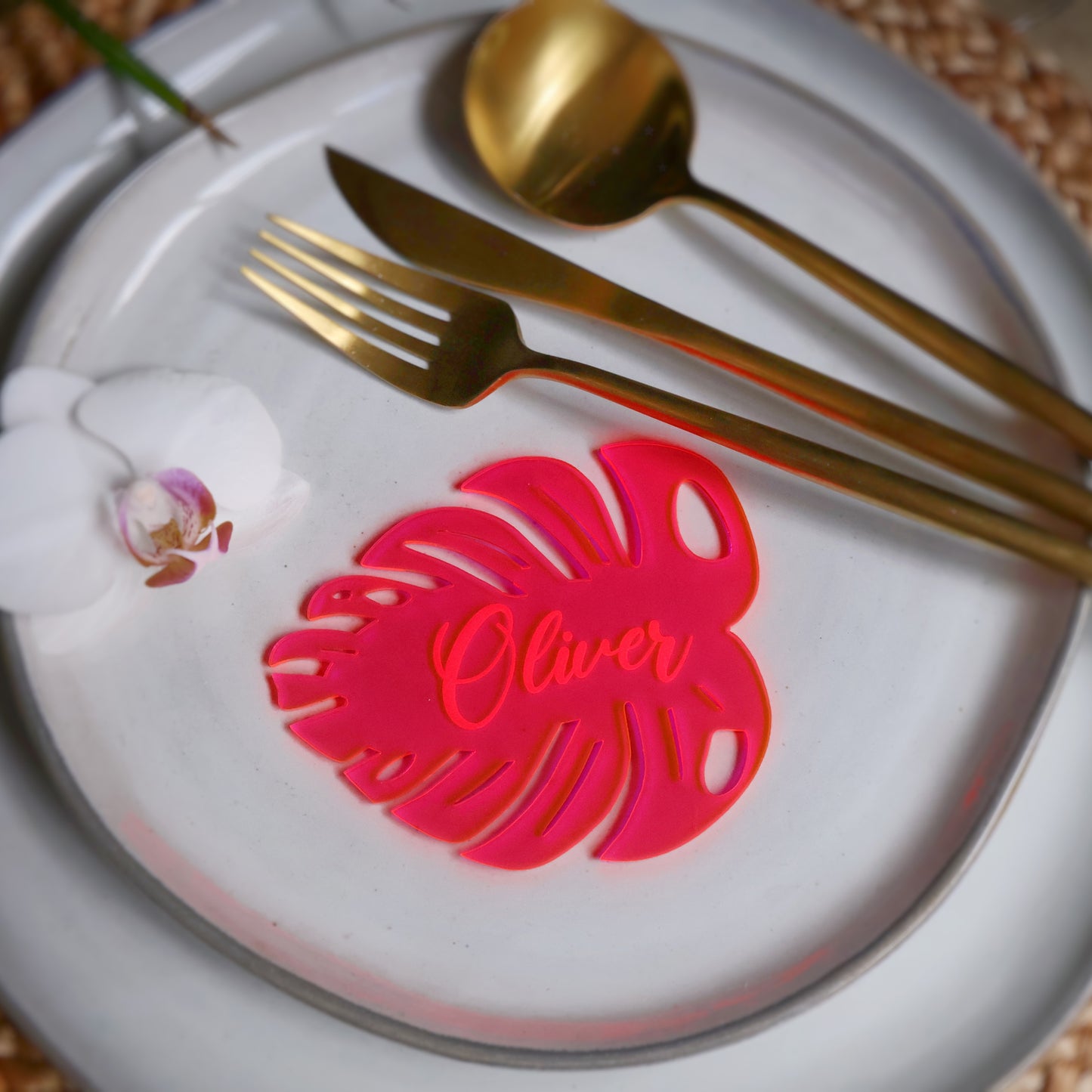 acrylic neon pink tropical wedding name cards monstera leaf place tags names custom beach table tag birthday party décor placecards tropical birthday invitation bachelorette baby shower cheese plant tag