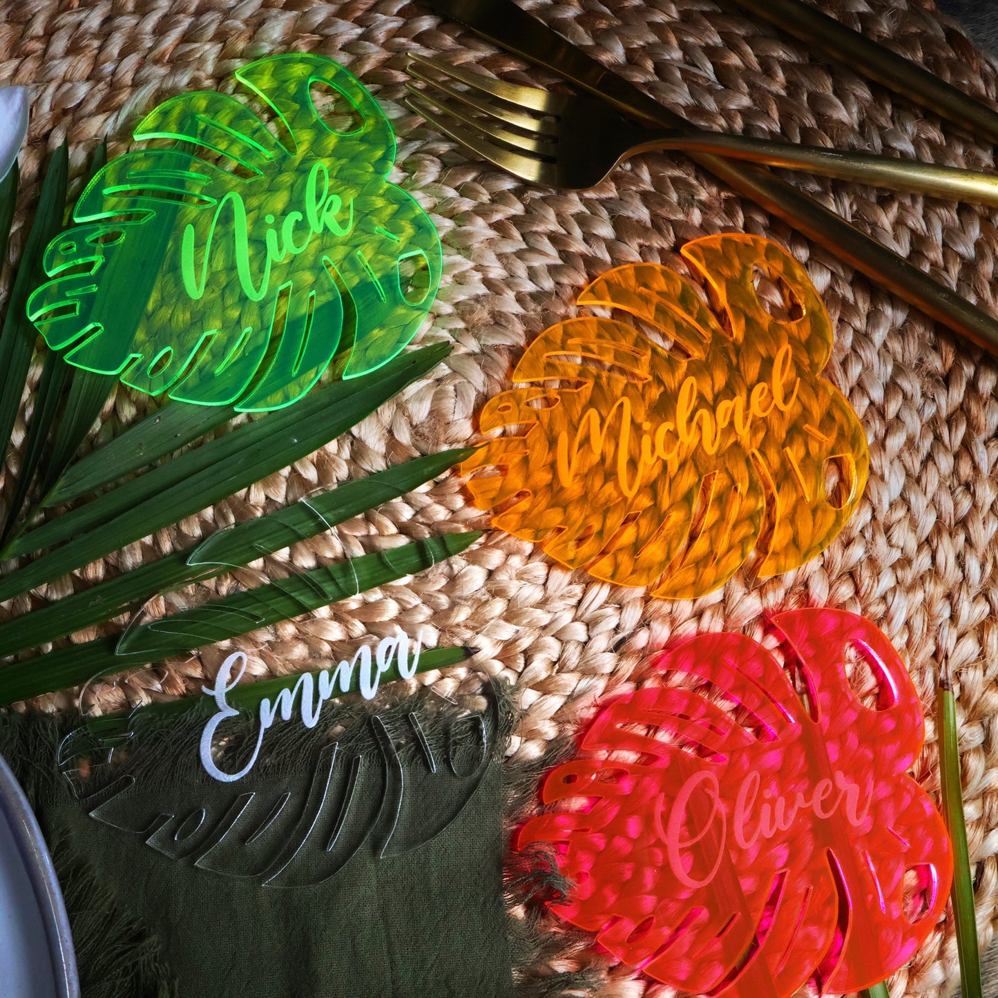 clear acrylic neon pink green orange tropical wedding name cards monstera leaf place tags names custom beach table tag birthday party décor placecards tropical birthday invitation bachelorette baby shower cheese plant tag