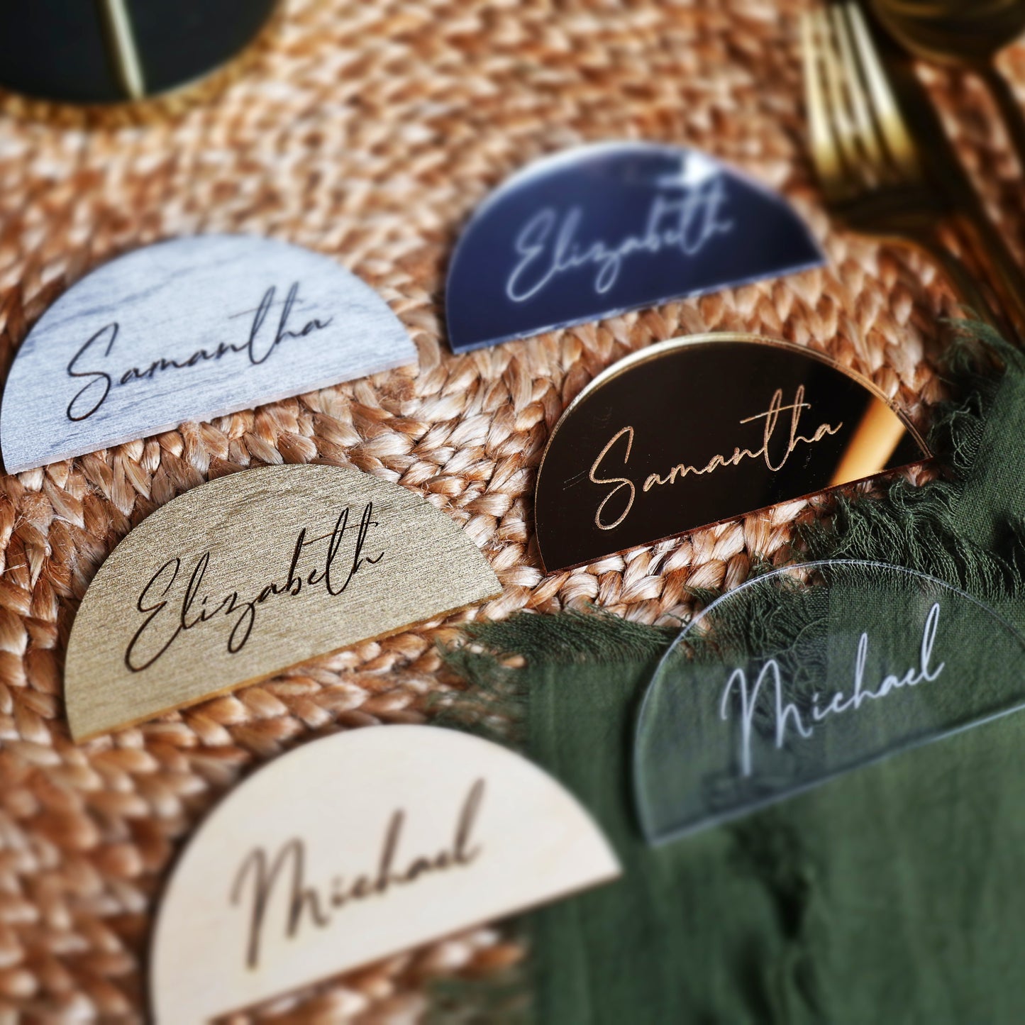 semicircle acrylic wood name plate name cards wedding name place cards name place setting wood name card napkin half circle tag acrylic name tags name tags rustic wedding wooden wedding decor wedding place cards Wedding decoration Wedding place card