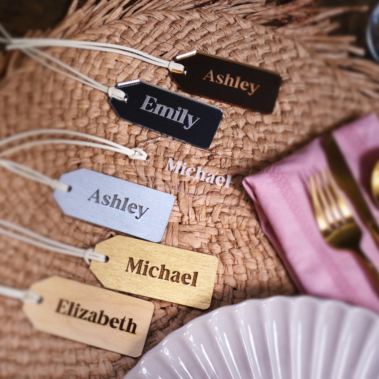 gift tag with string engraved gold mirrored acrylic name tags place cards wooden names name place cards laser cut names name tags for wedding wood name card wedding name tags silver mirrored clear raw wood gold silver