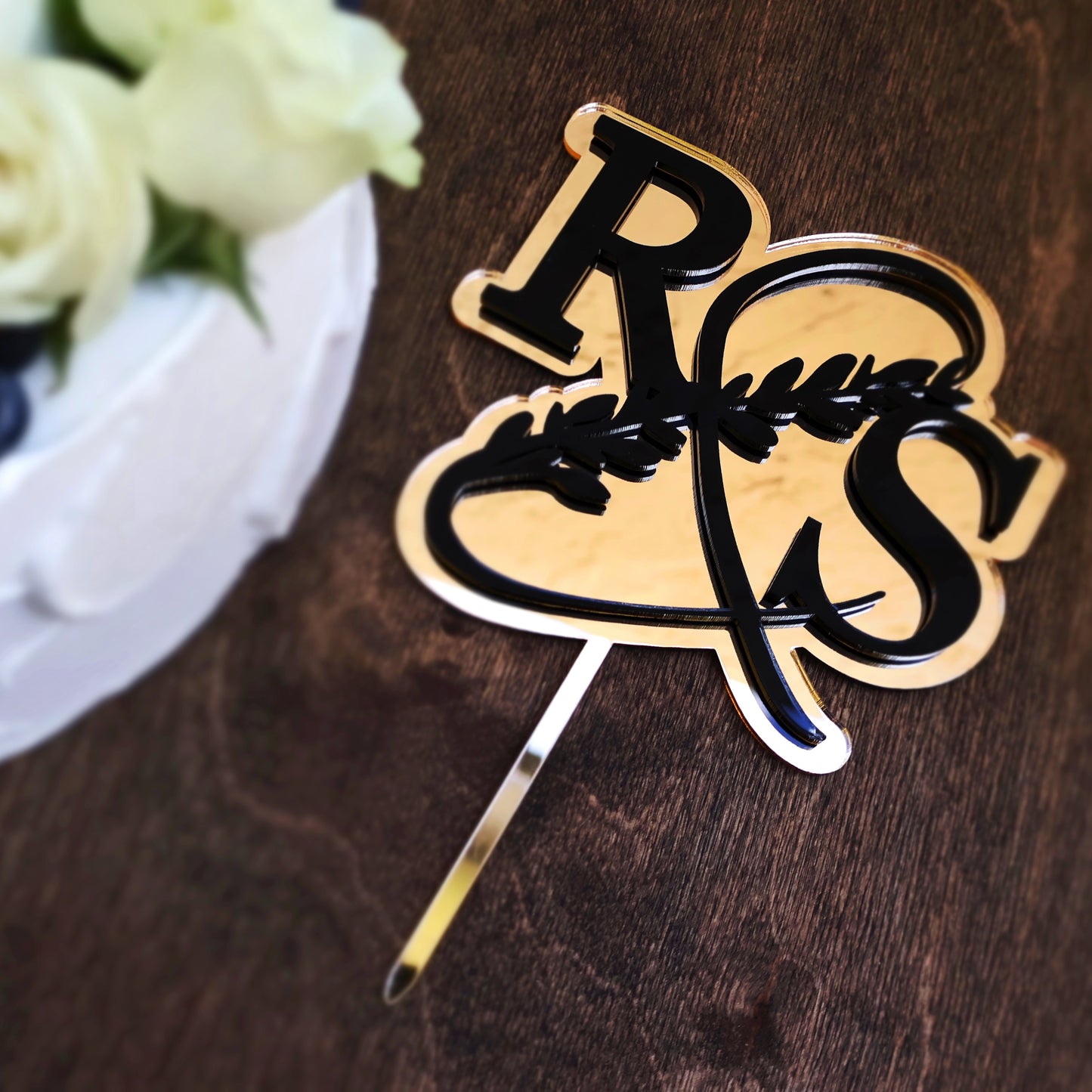Double layer acrylic wedding cake topper mirrored gold and black custom cake toppers wedding personalized birthday acrylic cake toppers modern last name cake decor initials monogram ampersand