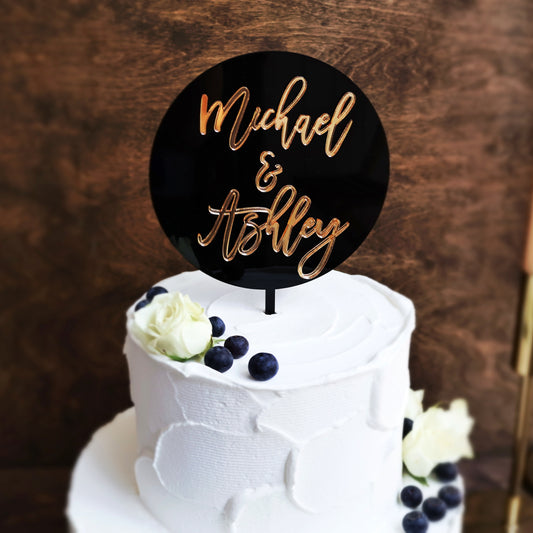 Double layer acrylic wedding cake topper black and mirrored gold acrylic 3d custom cake toppers wedding personalized birthday acrylic cake toppers modern last name cake decor pastel acrylics mirrored acrylic wood