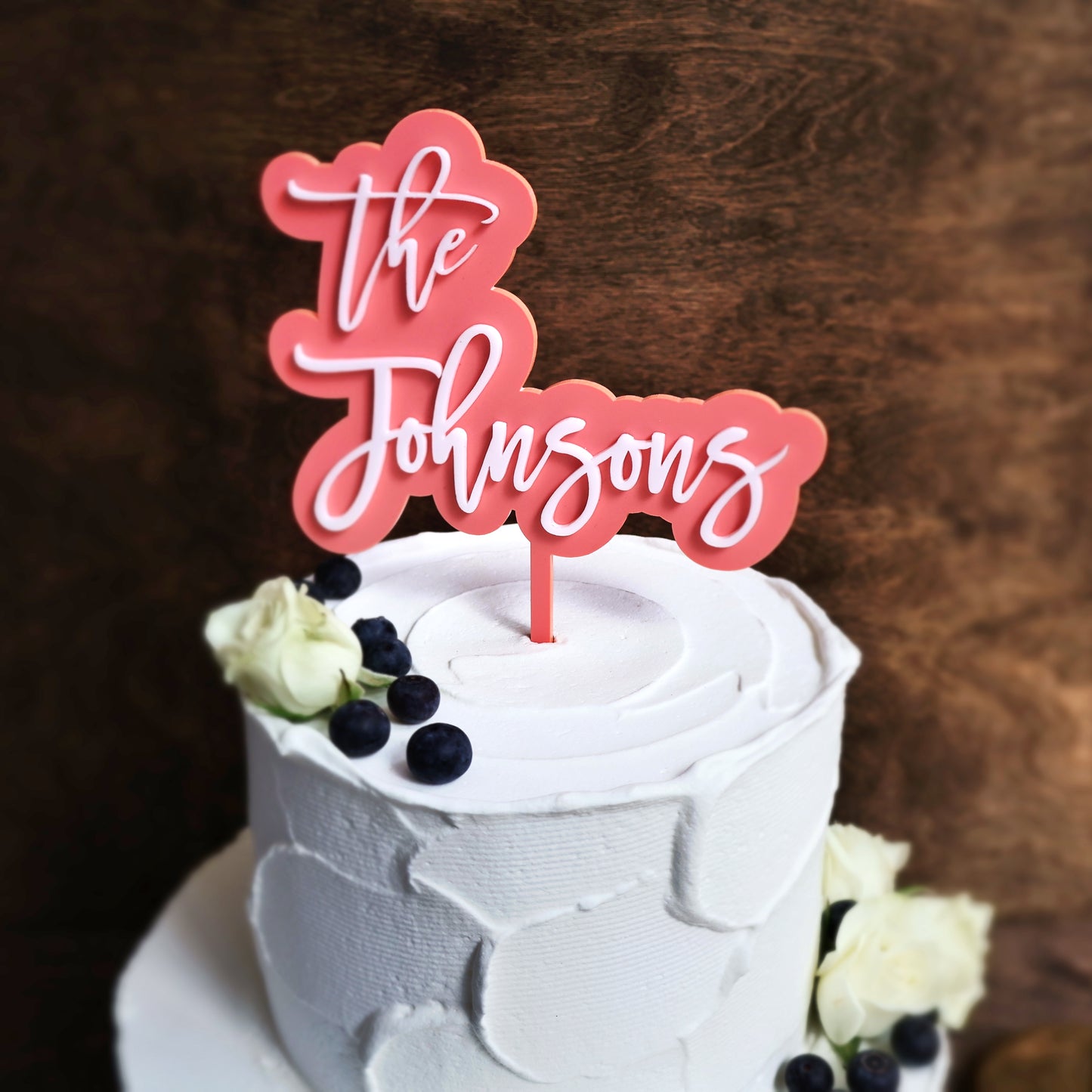 Double layer acrylic wedding cake topper white and coral acrylic 3d custom cake toppers wedding personalized birthday acrylic cake toppers modern last name cake decor pastel acrylics mirrored acrylic wood