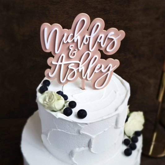 Double layer acrylic wedding cake topper white and blush acrylic 3d custom cake toppers wedding personalized birthday acrylic cake toppers modern last name cake decor pastel acrylics mirrored acrylic wood