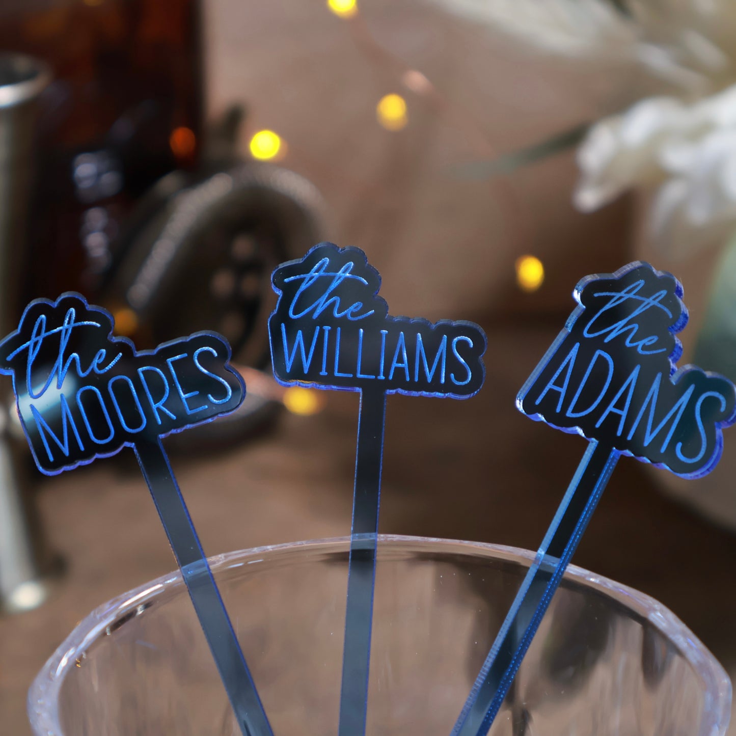 blue offset last name acrylic engraved drink stirrers custom wedding drink stirrers personalized acrylic cocktail stir sticks custom drink charm bespoke event swizzle sticks drink topper birthday party last name date celebration
