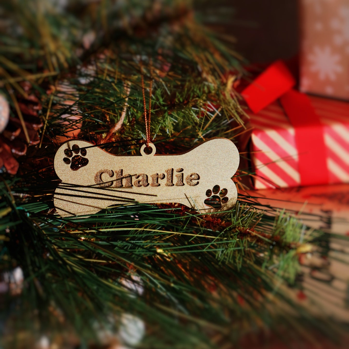 Gold wood Personalized Pet Paw Ornament Custom Dog Christmas Ornament Animal Ornament 2024 Dog Name Pet Lover Gift holiday ornament holiday decor unique holiday gift stocking name tags christmas stocking personalized ornaments Pet xmas Stocking