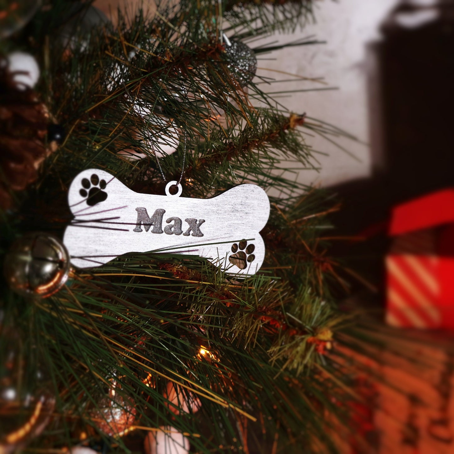 Silver wood Personalized Pet Paw Ornament Custom Dog Christmas Ornament Animal Ornament 2024 Dog Name Pet Lover Gift holiday ornament holiday decor unique holiday gift stocking name tags christmas stocking personalized ornaments Pet xmas Stocking