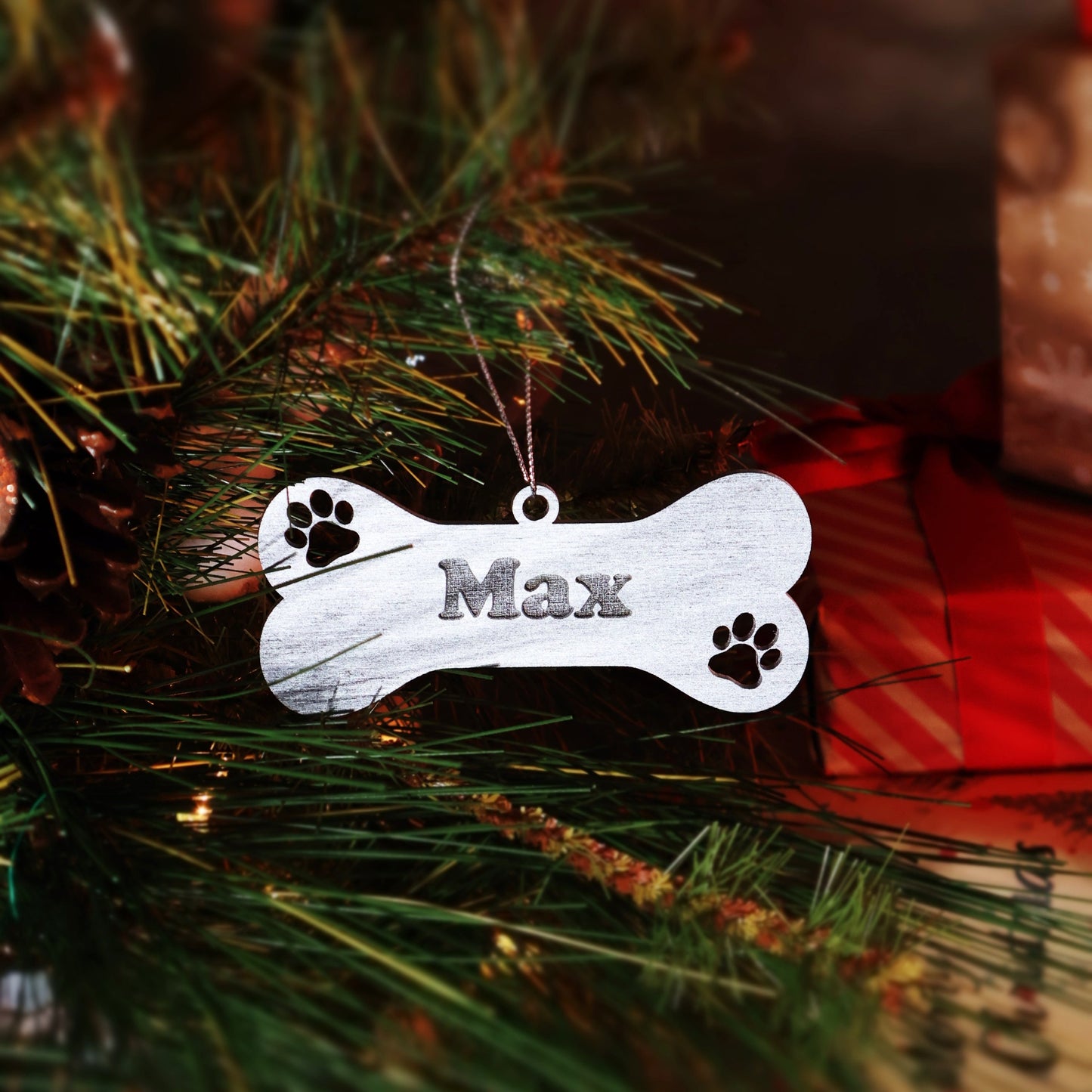 Silver wood Personalized Pet Paw Ornament Custom Dog Christmas Ornament Animal Ornament 2024 Dog Name Pet Lover Gift holiday ornament holiday decor unique holiday gift stocking name tags christmas stocking personalized ornaments Pet xmas Stocking