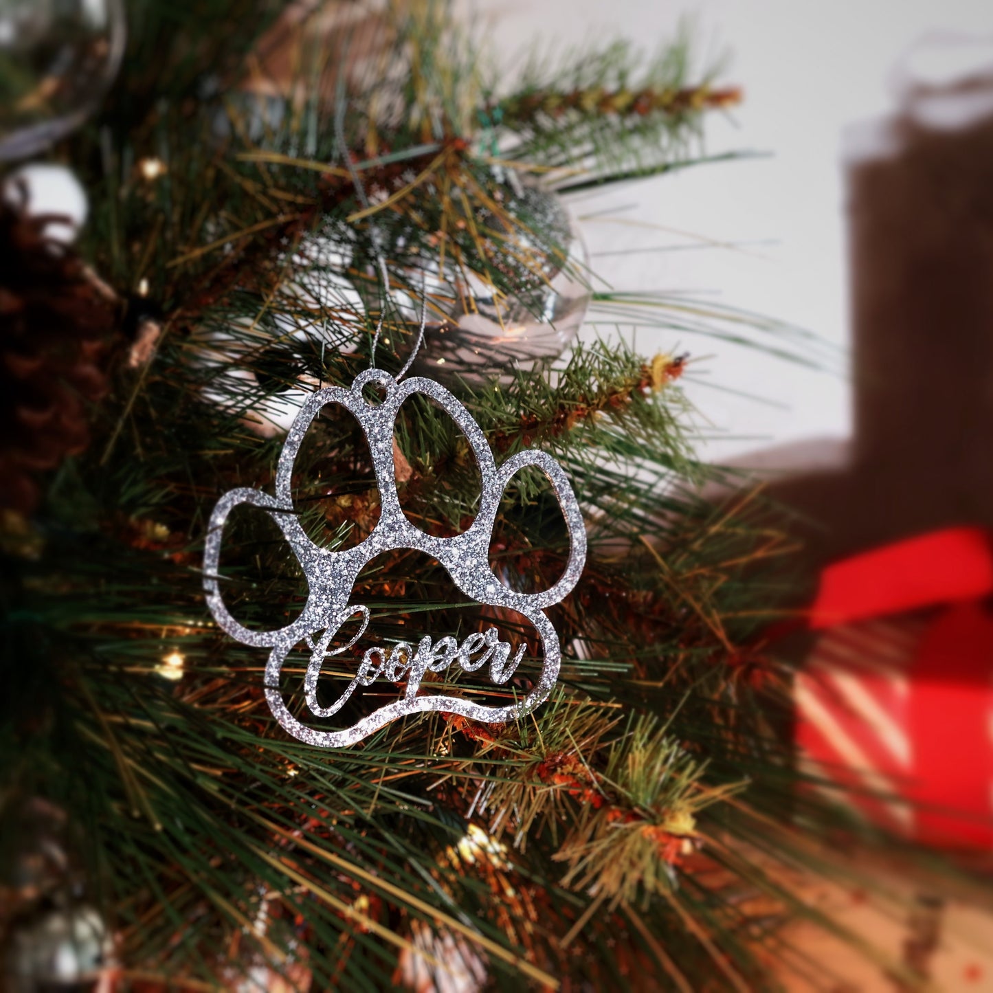 Silver glitter acrylic Personalized Pet Paw Ornament Custom Dog Christmas Ornament Animal Ornament 2024 Dog Name Pet Lover Gift holiday ornament decor unique holiday gift stocking name tags christmas stocking personalized ornaments Pet xmas Stocking