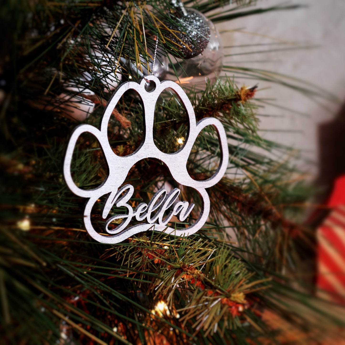 Silver wood Personalized Pet Paw Ornament Custom Dog Christmas Ornament Animal Ornament 2024 Dog Name Pet Lover Gift holiday ornament holiday decor unique holiday gift stocking name tags christmas stocking personalized ornaments Pet xmas Stocking