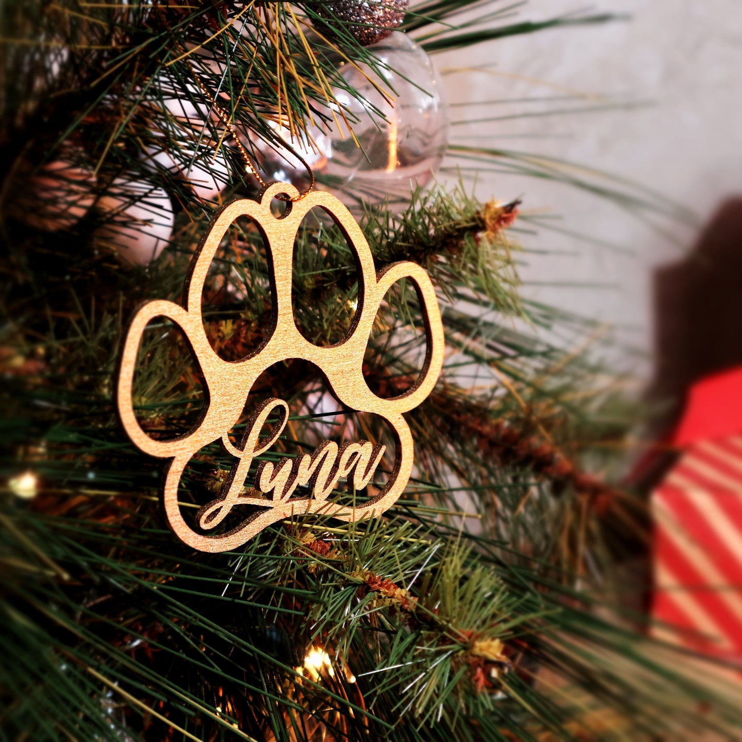 Gold wood Personalized Pet Paw Ornament Custom Dog Christmas Ornament Animal Ornament 2024 Dog Name Pet Lover Gift holiday ornament holiday decor unique holiday gift stocking name tags christmas stocking personalized ornaments Pet xmas Stocking