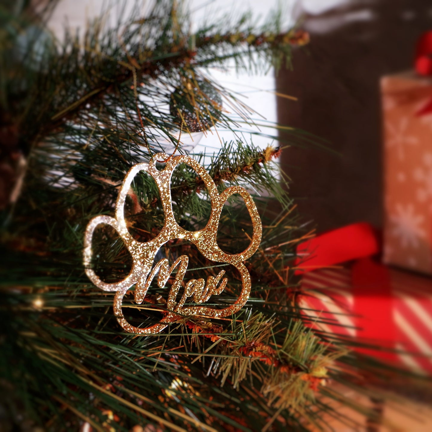 Gold glitter acrylic Personalized Pet Paw Ornament Custom Dog Christmas Ornament Animal Ornament 2024 Dog Name Pet Lover Gift holiday ornament decor unique holiday gift stocking name tags christmas stocking personalized ornaments Pet xmas Stocking