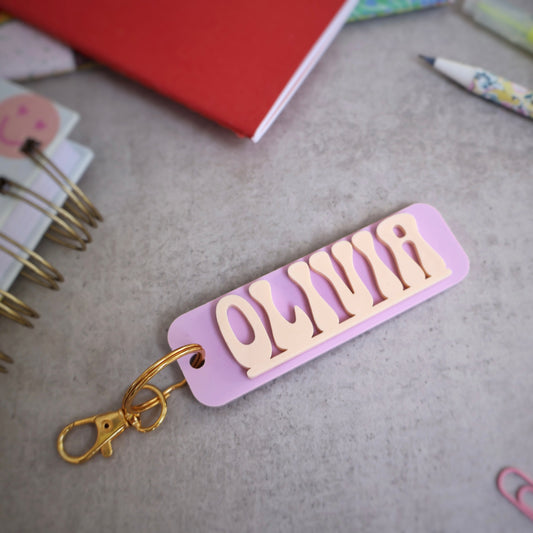 Pastel lavender and peach acrylic keychains custom name keychain bogg bag charm name keychain bag accessories name key chain School Tag Lunchbox name Backpack tags gym bag name Custom Name Charm Diaper Bag Tag bogg bag keychain