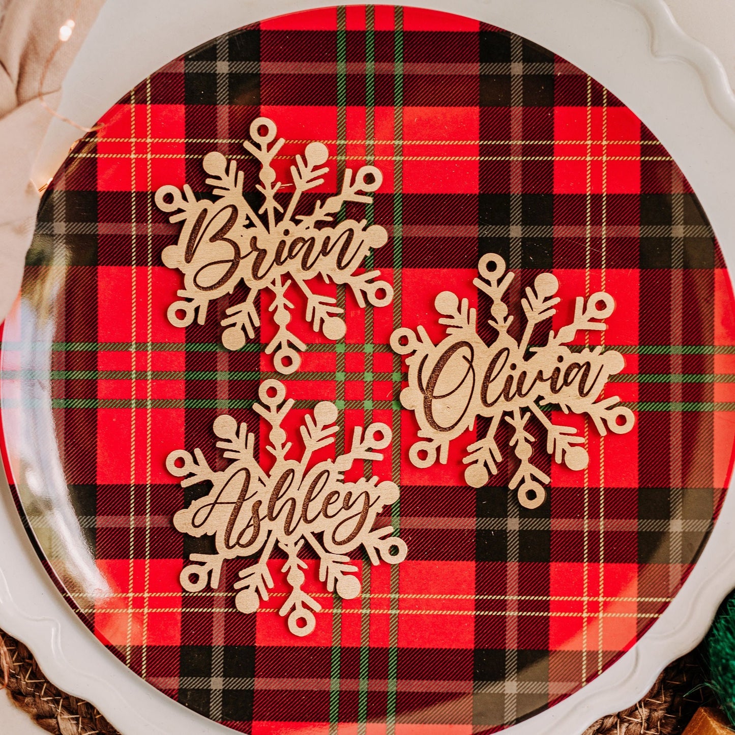 gold wood stocking tags snowflakes, stocking name tags, name ornament christmas, christmas place cards, name ornament, christmas name tags, christmas stocking name tags, christmas stocking tags, christmas table decor, christmas stockings tag
