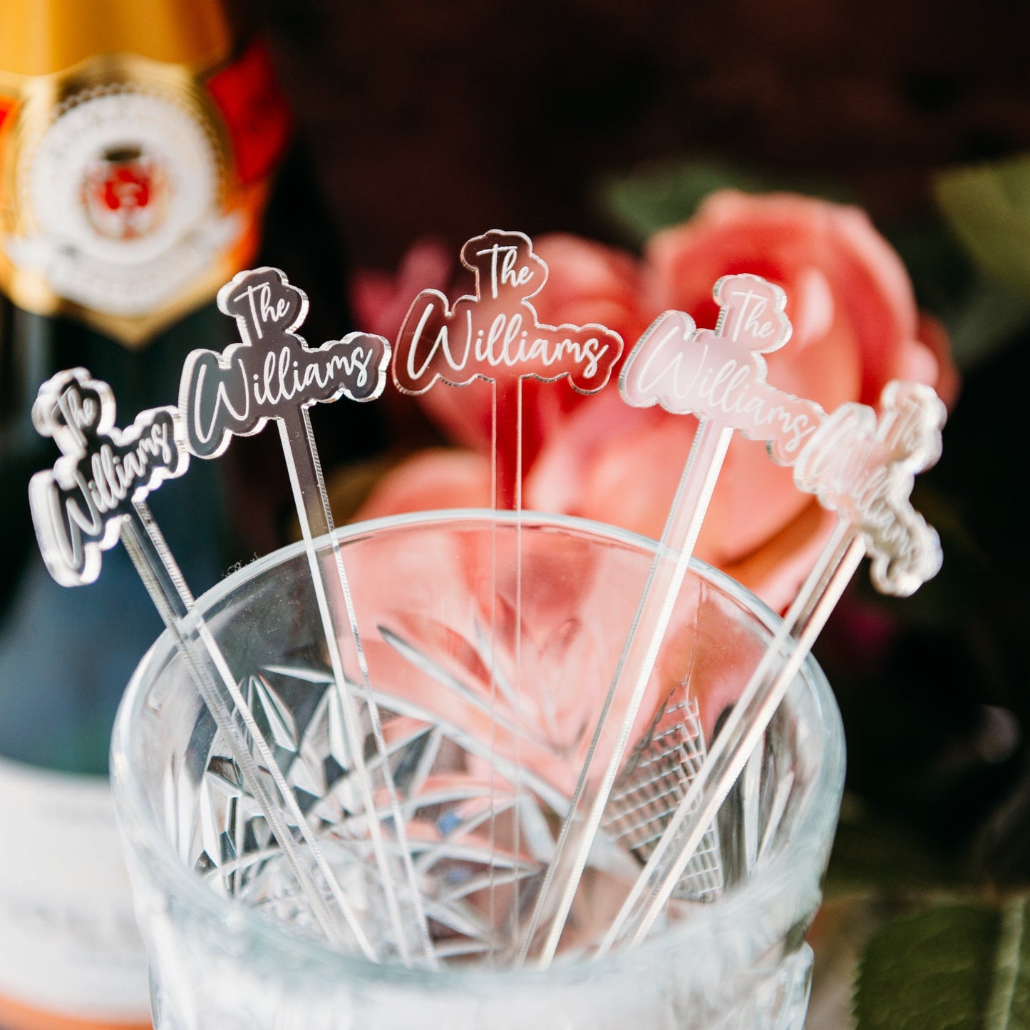 offset last name colored acrylic engraved drink stirrers custom wedding drink stirrers personalized acrylic cocktail stir sticks custom drink charm bespoke event swizzle sticks drink topper birthday party last name date celebration