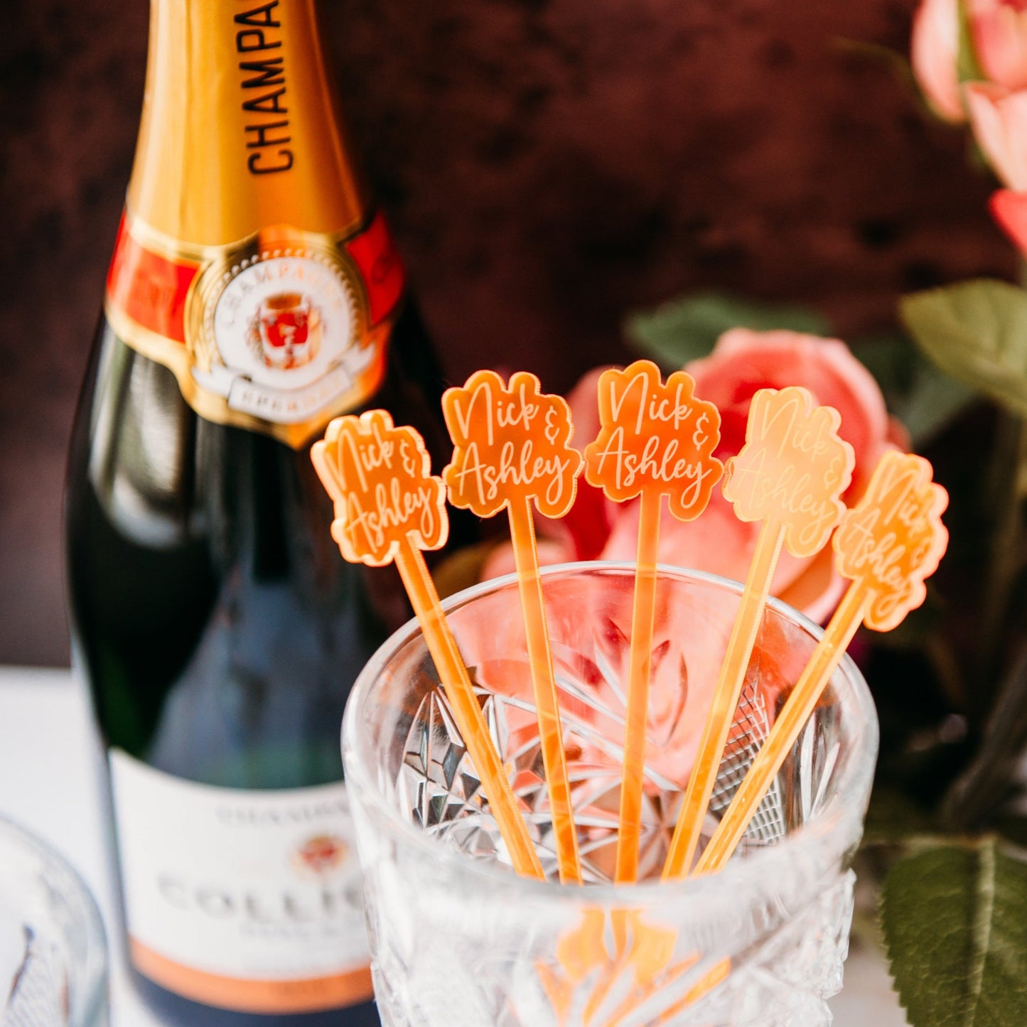 offset happy birthday name neon orange acrylic engraved drink stirrers custom wedding drink stirrers personalized acrylic cocktail stir sticks custom drink charm bespoke event swizzle sticks drink topper birthday party last name date celebration