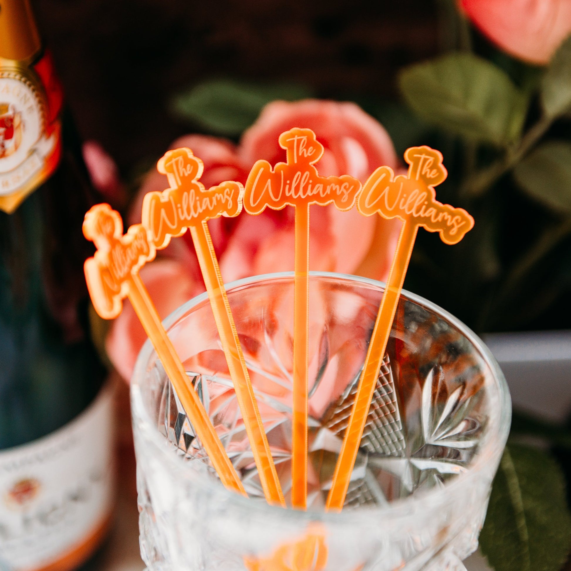 orange offset last name colored acrylic engraved drink stirrers custom wedding drink stirrers personalized acrylic cocktail stir sticks custom drink charm bespoke event swizzle sticks drink topper birthday party last name date celebration