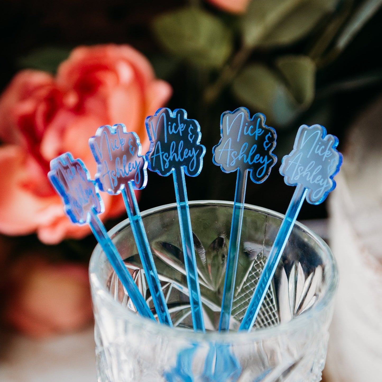 offset happy birthday name blue transparent acrylic engraved drink stirrers custom wedding drink stirrers personalized acrylic cocktail stir sticks custom drink charm bespoke event swizzle sticks drink topper birthday party last name date celebration