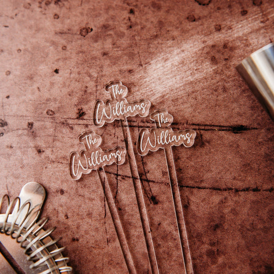 offset last name colored acrylic engraved drink stirrers custom wedding drink stirrers personalized acrylic cocktail stir sticks custom drink charm bespoke event swizzle sticks drink topper birthday party last name date celebration