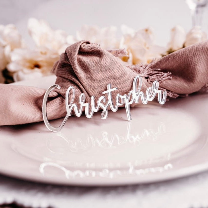 silver mirrored acrylic wedding name tags name tags wood name card name place cards name cards wedding name place setting wooden names wedding place cards bachelorette party wedding favors  wedding decor  name plate laser cut names