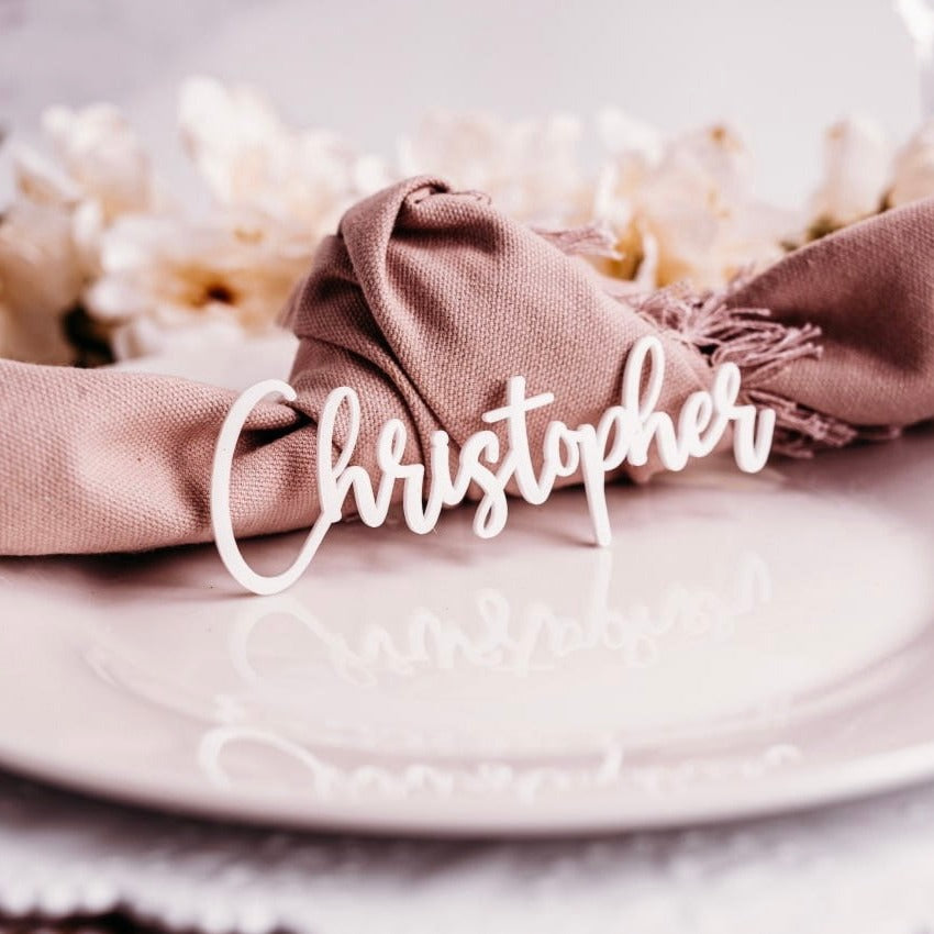 white acrylic wedding name tags name tags wood name card name place cards name cards wedding name place setting wooden names wedding place cards bachelorette party wedding favors  wedding decor  name plate laser cut names