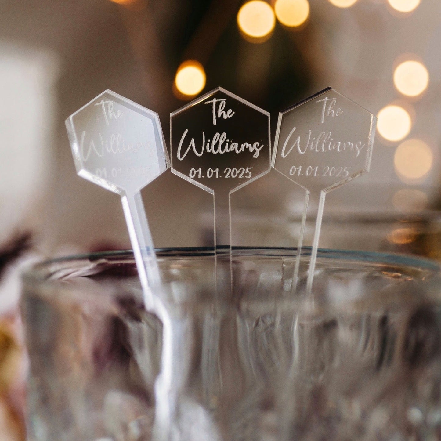 hexagon clear acrylic engraved drink stirrers custom wedding drink stirrers personalized acrylic cocktail stir sticks custom drink charm bespoke event swizzle sticks drink topper birthday party last name date celebration