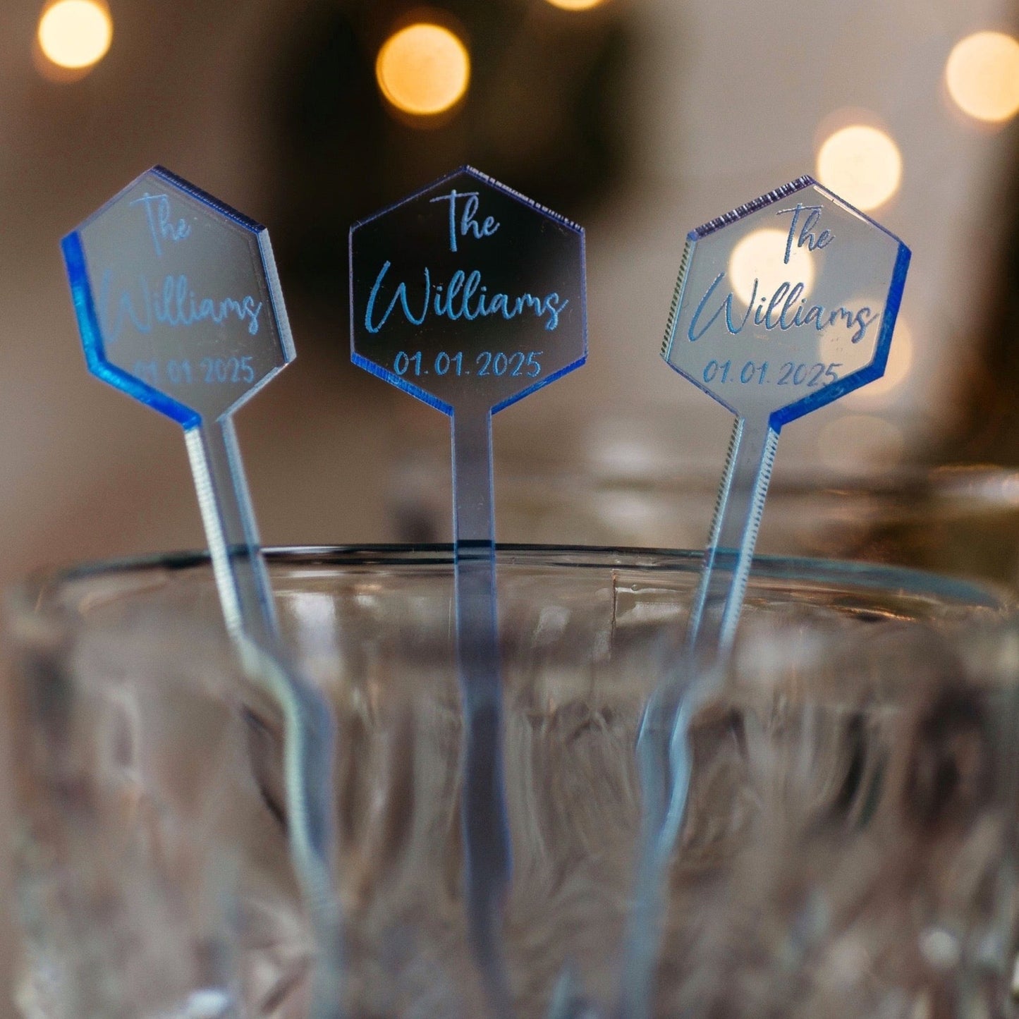 hexagon blue acrylic engraved drink stirrers custom wedding drink stirrers personalized acrylic cocktail stir sticks custom drink charm bespoke event swizzle sticks drink topper birthday party last name date celebration