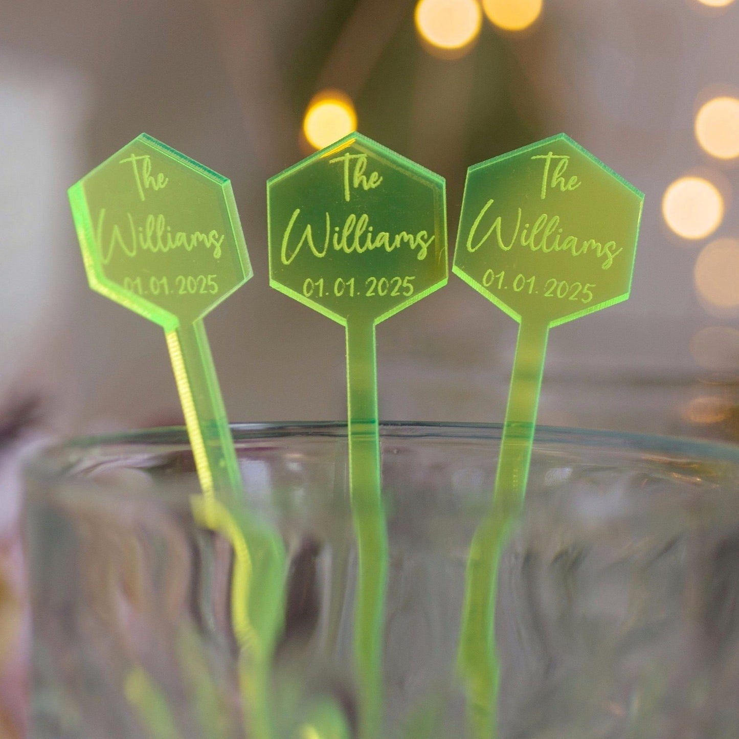 hexagon neon green acrylic engraved drink stirrers custom wedding drink stirrers personalized acrylic cocktail stir sticks custom drink charm bespoke event swizzle sticks drink topper birthday party last name date celebration