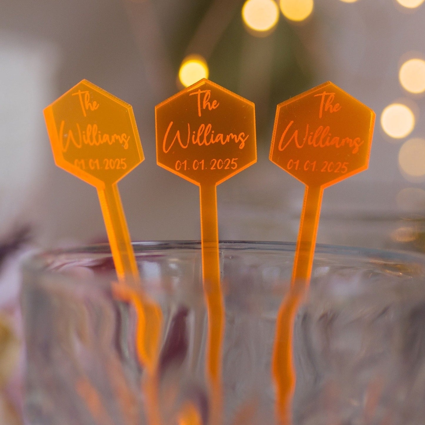 hexagon neon orange acrylic engraved drink stirrers custom wedding drink stirrers personalized acrylic cocktail stir sticks custom drink charm bespoke event swizzle sticks drink topper birthday party last name date celebration