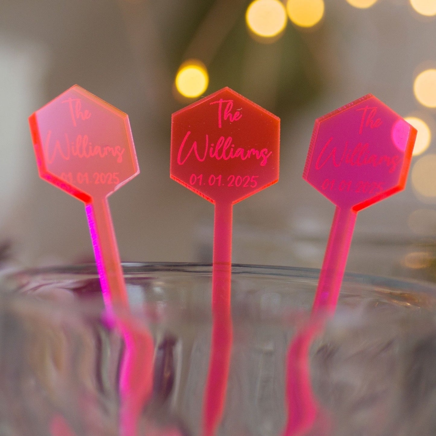 hexagon neon pink acrylic engraved drink stirrers custom wedding drink stirrers personalized acrylic cocktail stir sticks custom drink charm bespoke event swizzle sticks drink topper birthday party last name date celebration