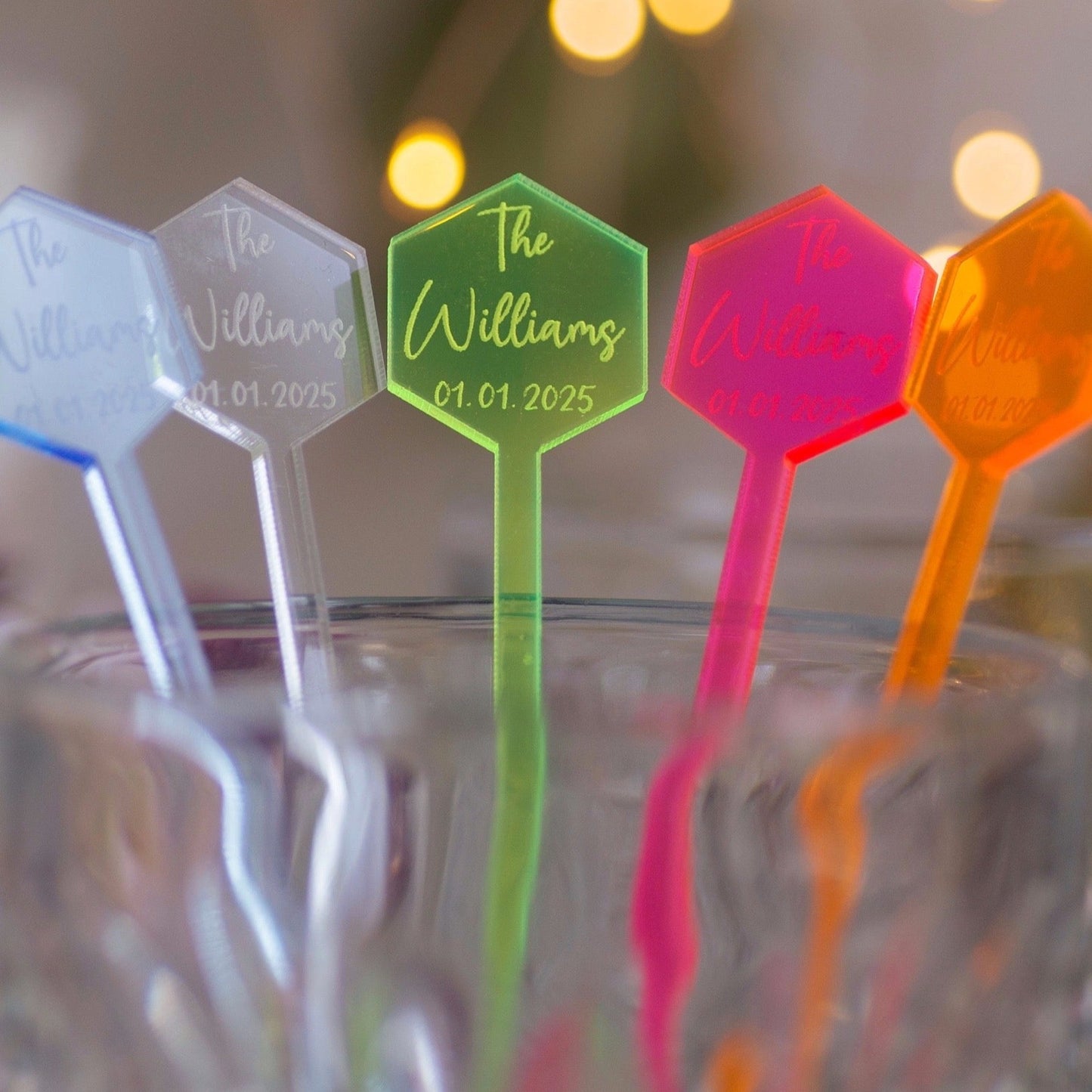 hexagon clear blue neon green pink orange acrylic engraved drink stirrers custom wedding drink stirrers personalized acrylic cocktail stir sticks custom drink charm bespoke event swizzle sticks drink topper birthday party last name date celebration