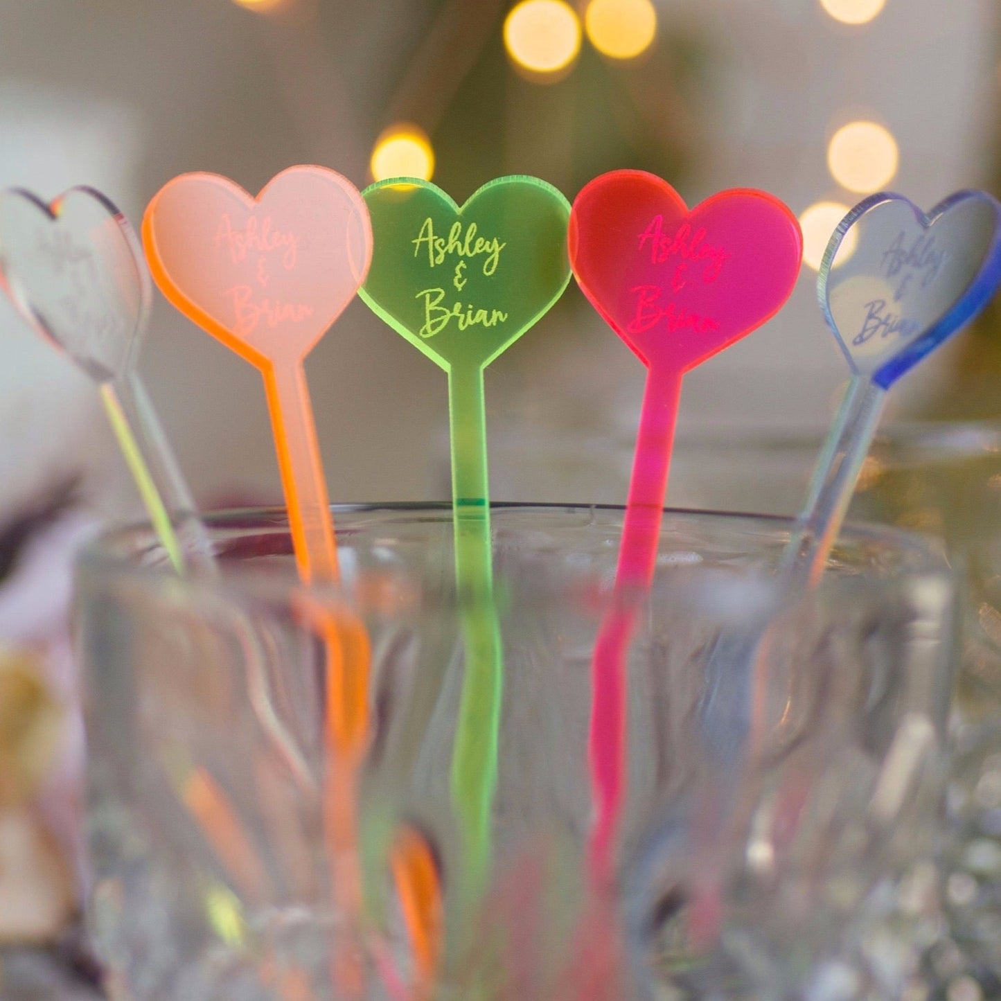 heart shaped acrylic engraved drink stirrers custom wedding drink stirrers personalized acrylic cocktail stir sticks custom drink charm bespoke event swizzle sticks drink topper birthday party last name date celebration
