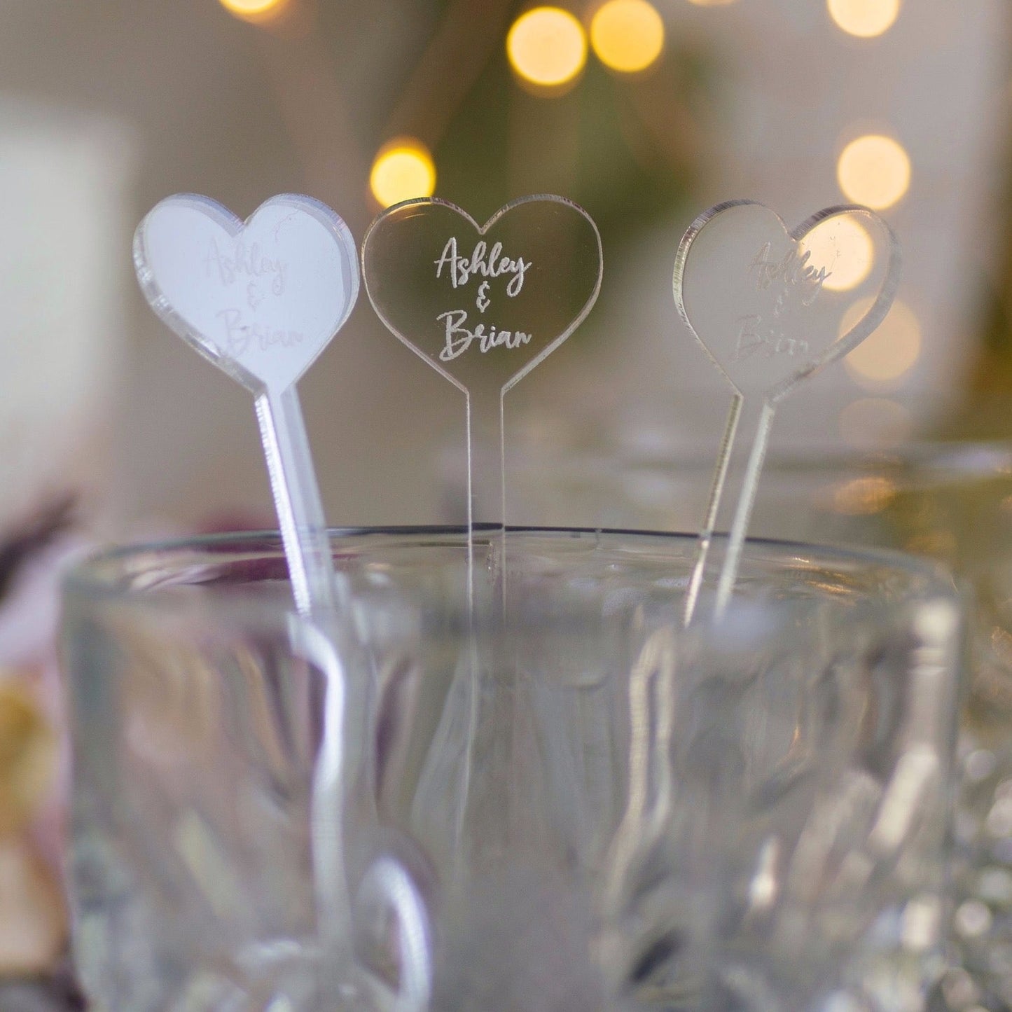 heart shaped clear acrylic engraved drink stirrers custom wedding drink stirrers personalized acrylic cocktail stir sticks custom drink charm bespoke event swizzle sticks drink topper birthday party last name date celebration