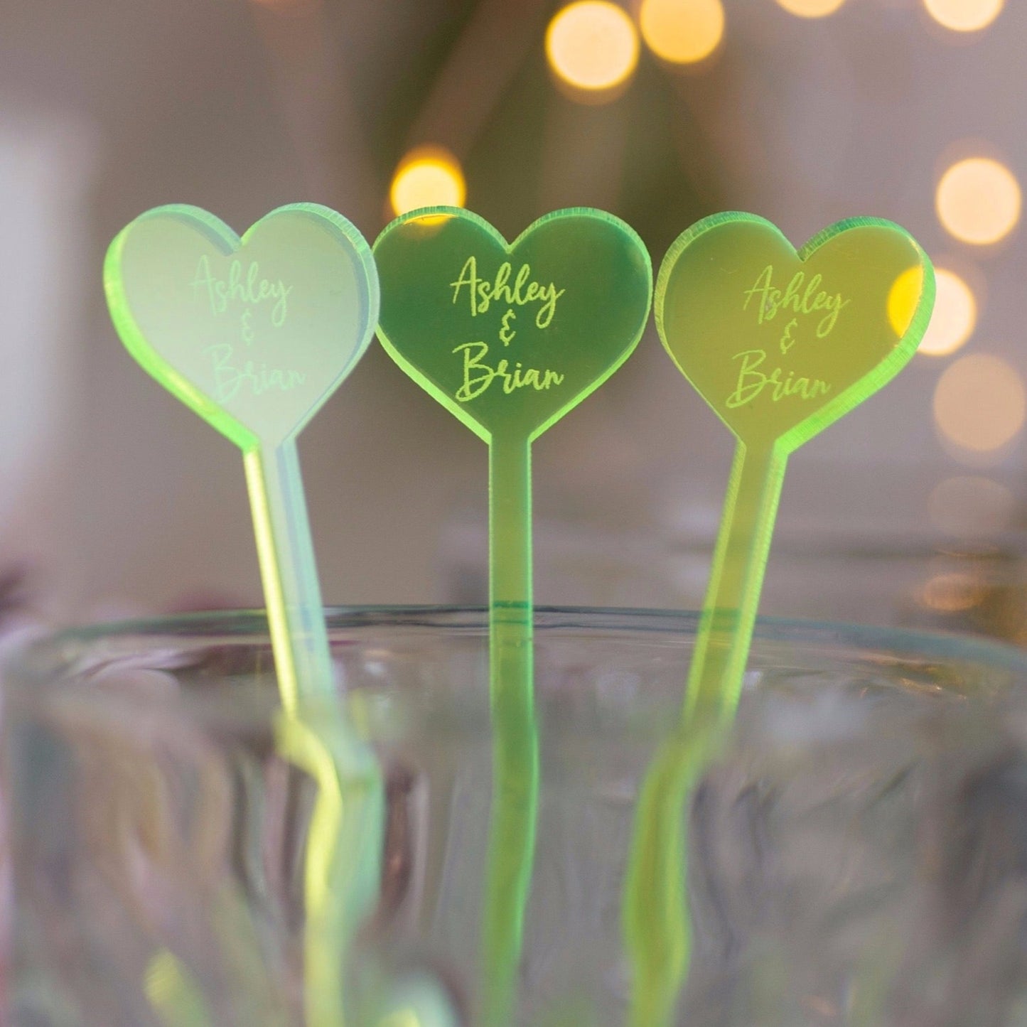heart shaped neon green acrylic engraved drink stirrers custom wedding drink stirrers personalized acrylic cocktail stir sticks custom drink charm bespoke event swizzle sticks drink topper birthday party last name date celebration