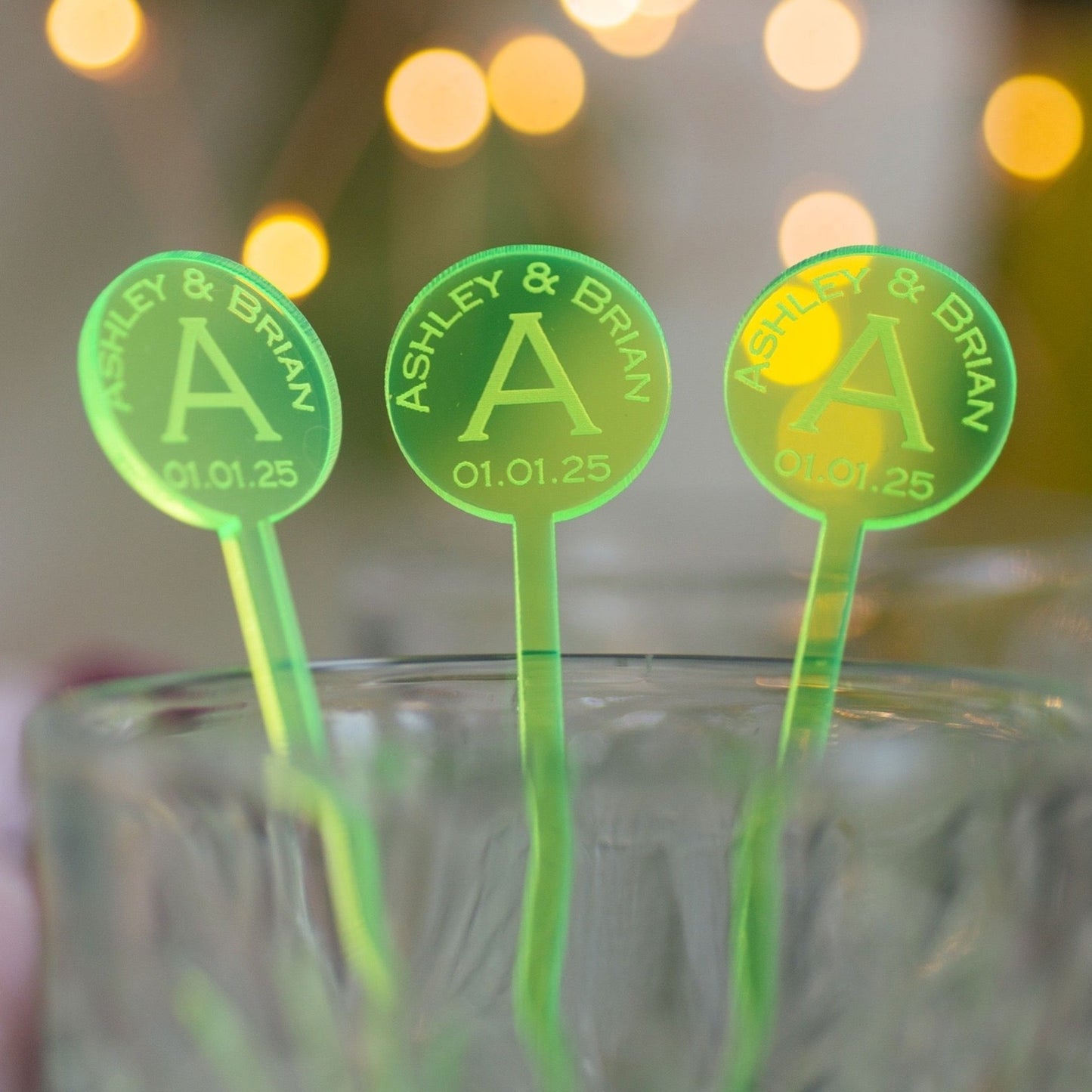 round names monogram date neon green acrylic engraved drink stirrers custom wedding drink stirrers personalized acrylic cocktail stir sticks custom drink charm bespoke event swizzle sticks drink topper birthday party last name date celebration